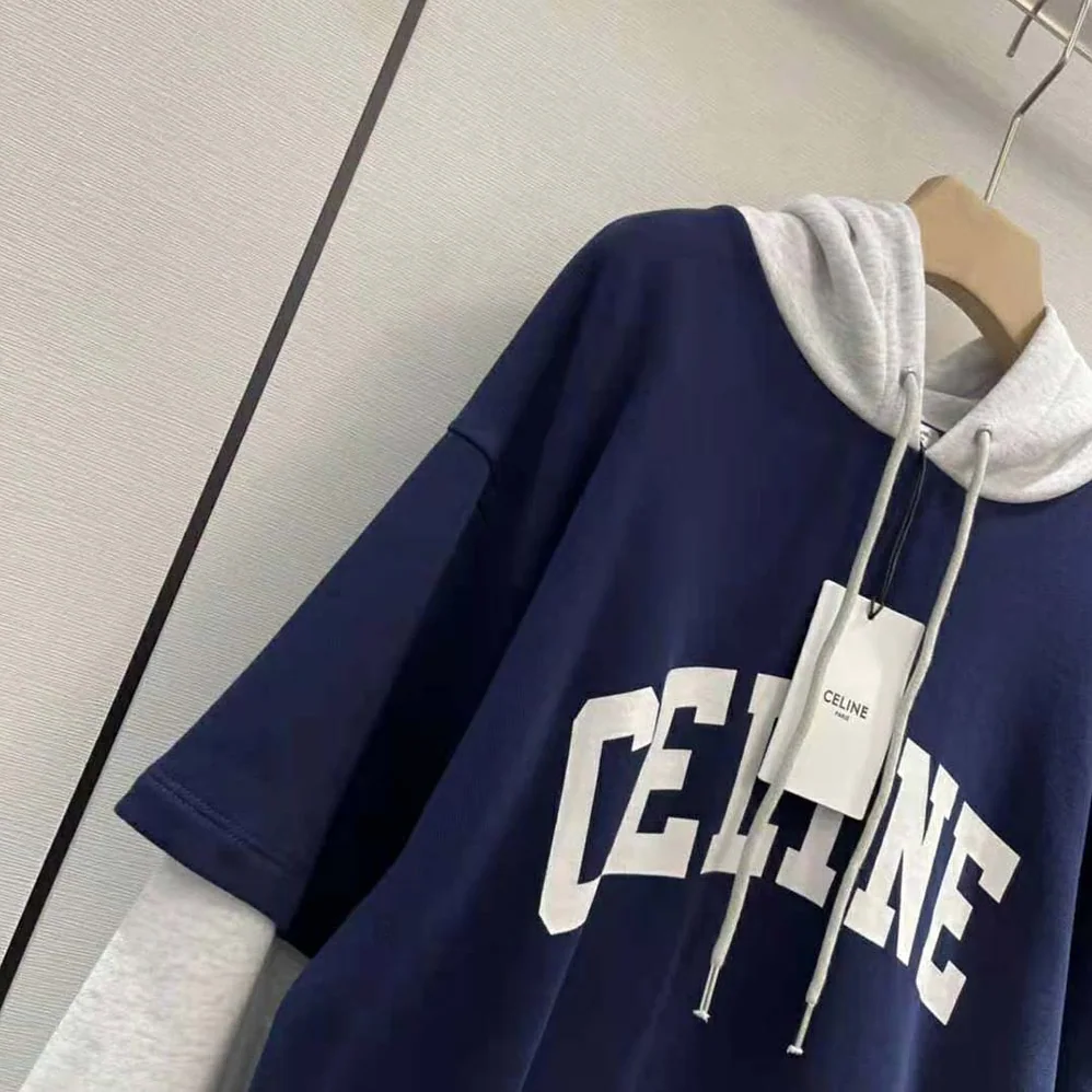 Celine Two-Tone Hoodie in Cotton Fleece for Women in Navy