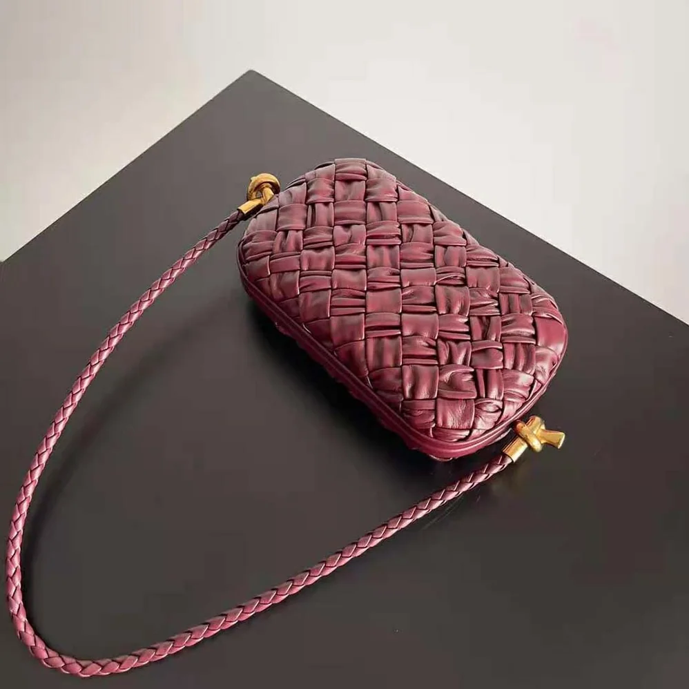 Bottega Veneta Knot On Strap Foulard Intreccio Leather Minaudiere with Strap for Women in Maroon