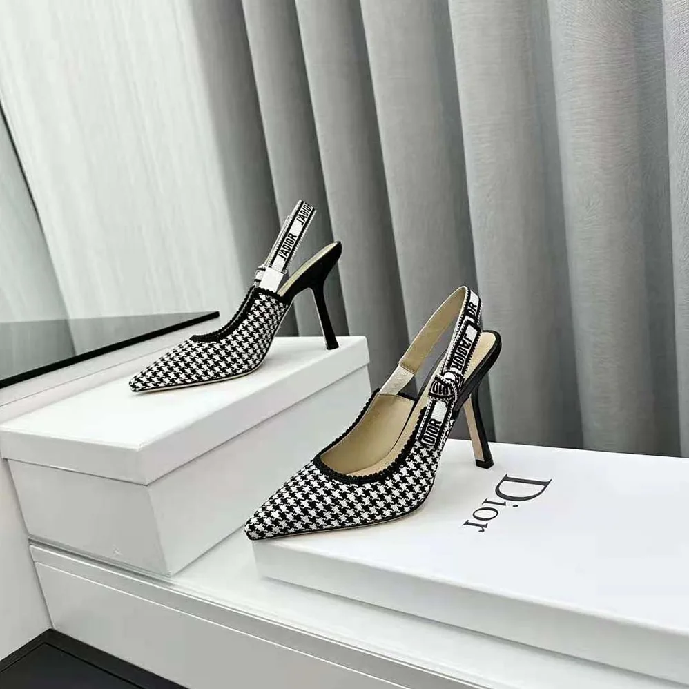Dior J'Adior Slingback Pump White and Black Micro for Women in Houndstooth Embroidered Cotton