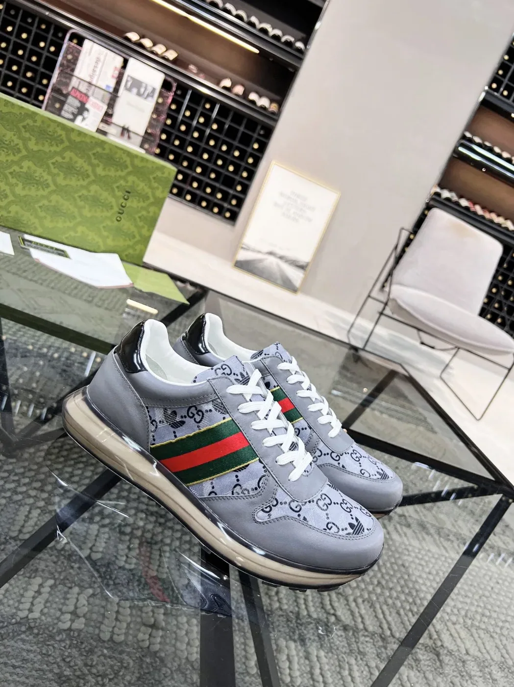 Gucci x Adidas GG Sneakers With Web Gray for Men Gucci x Adidas GG Sneakers With Web Gray for Men