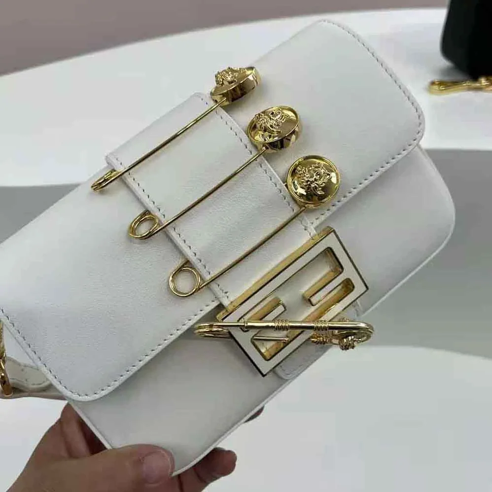 Fendi Brooch Mini Baguette Fendace White Leather Bag for Women Fendi Brooch Mini Baguette Fendace White Leather Bag for Women