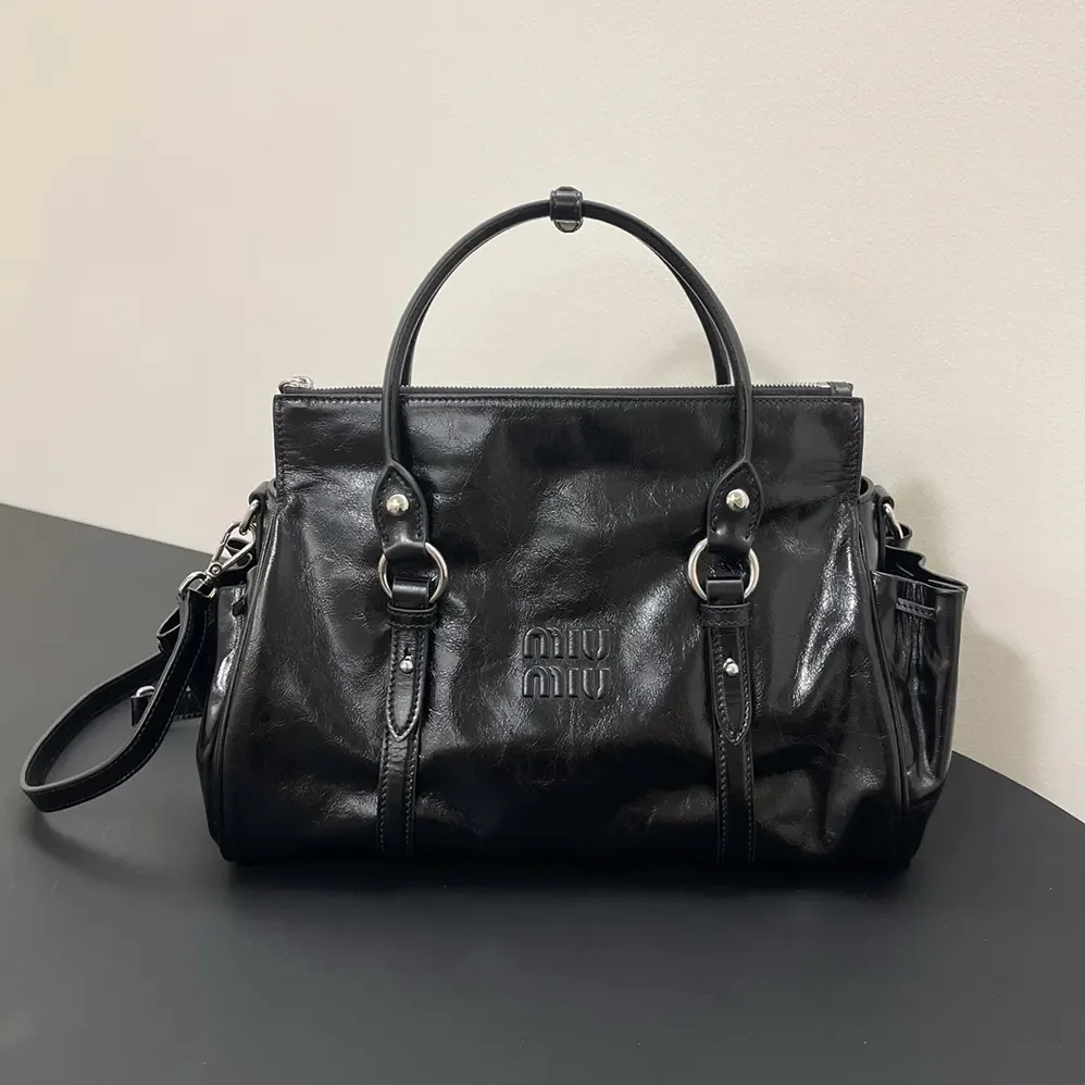 Miu Miu Shiny Leather Handbag for Women in Black Miu Miu Shiny Leather Handbag for Women in Black