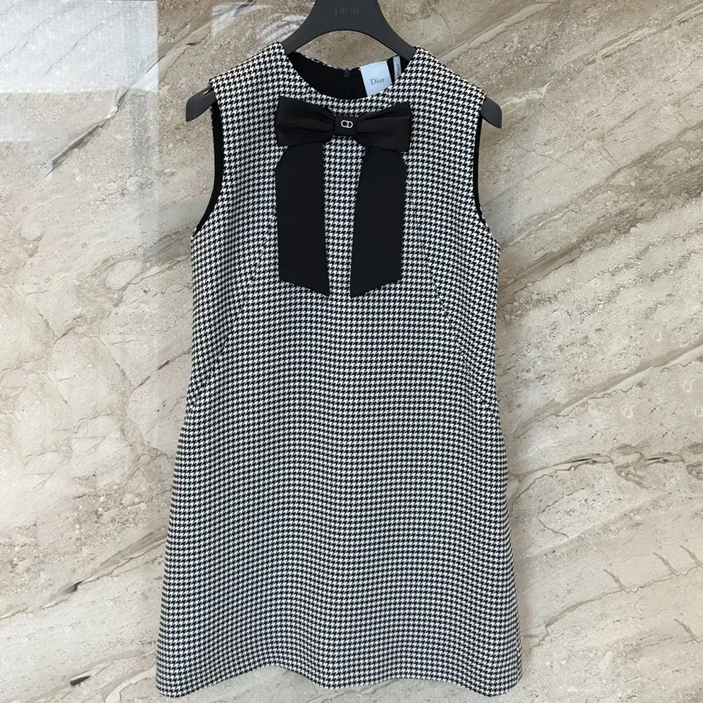 Dior Straight-Cut Short Dress Black and White Houndstooth Virgin Wool Blend for Women