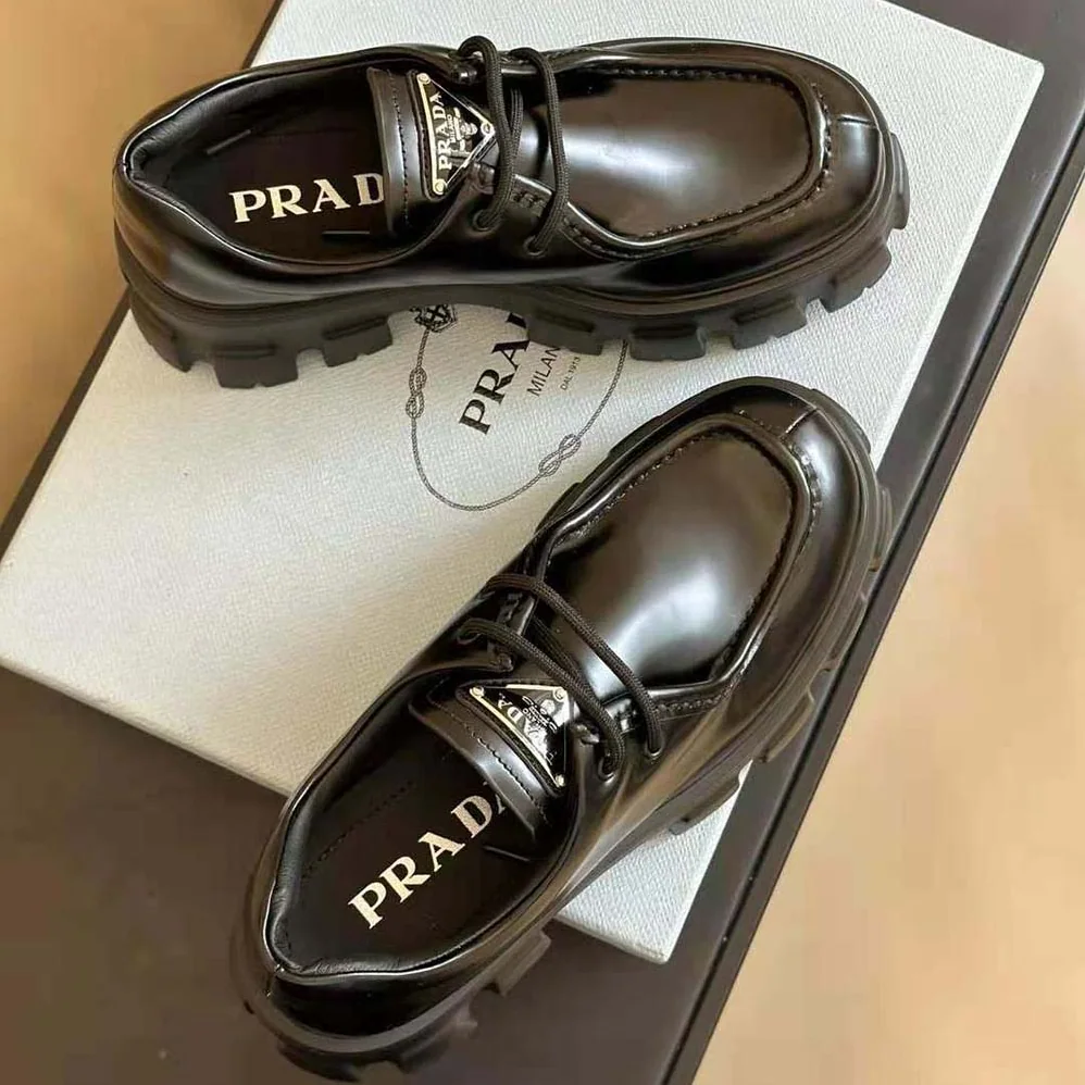 Prada Monolith Brushed Leather Lace-up Shoes for Women in Black Prada Monolith Brushed Leather Lace-up Shoes for Women in Black