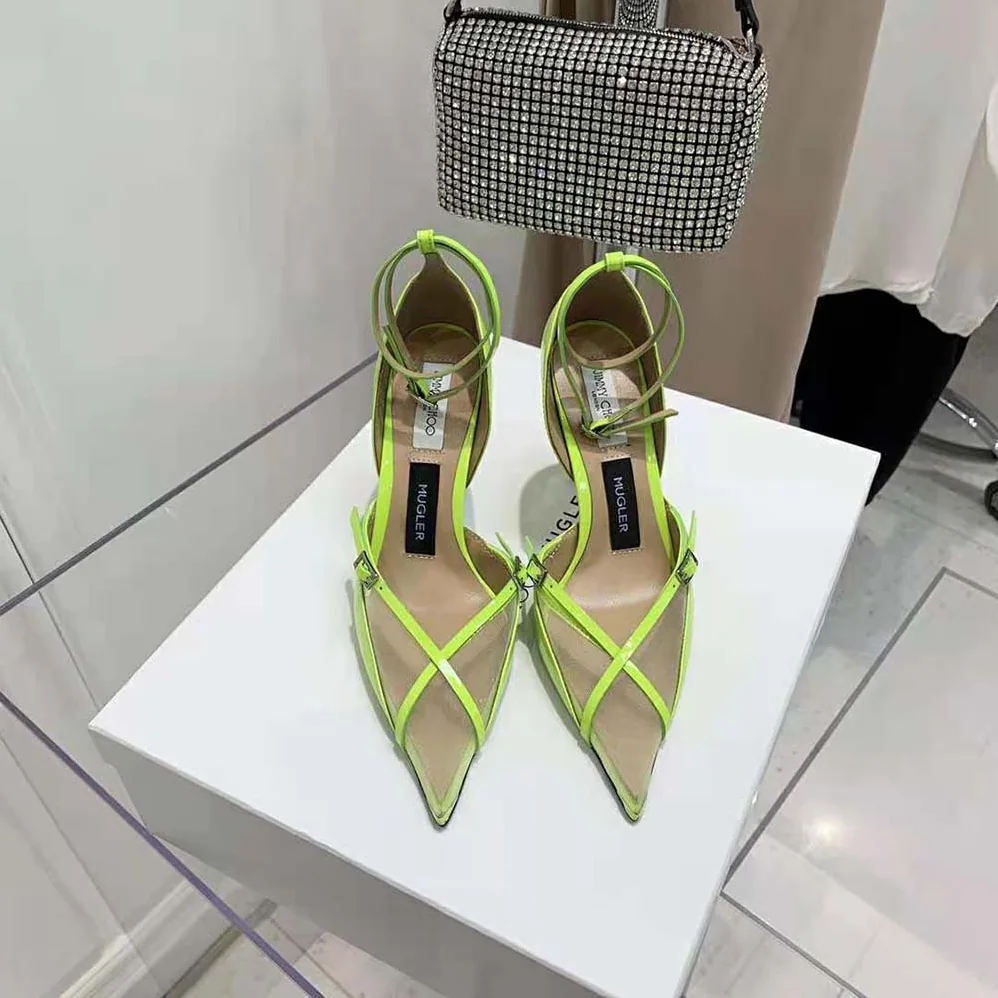 Jimmy Choo Mugler Strap Pump Neon Yellow Patent and Mesh Pumps with Straps for Women Jimmy Choo Mugler Strap Pump Neon Yellow Patent and Mesh Pumps with Straps for Women