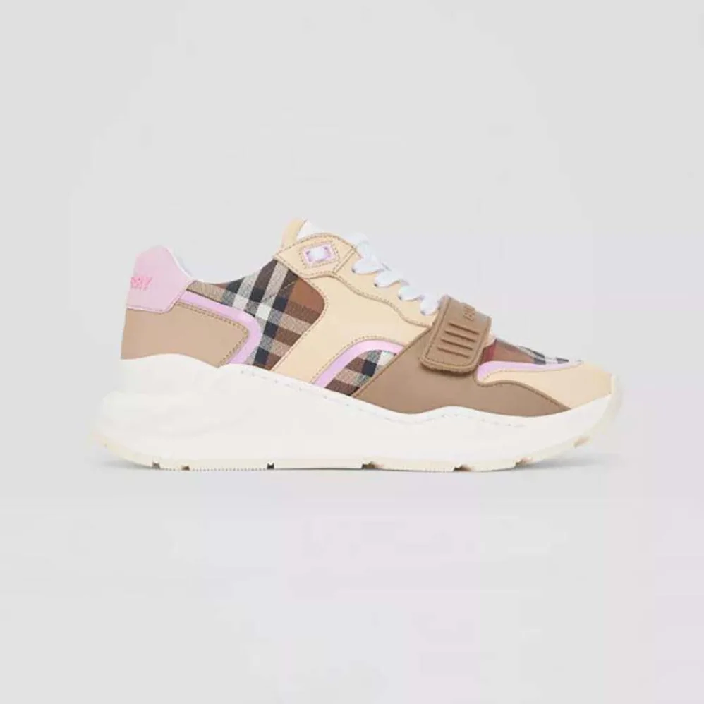 Burberry Check Cotton and Leather Sneakers for Women in Pink