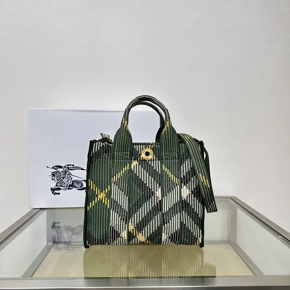 Burberry Mini Check Knitted Tote for Women in Green Burberry Mini Check Knitted Tote for Women in Green
