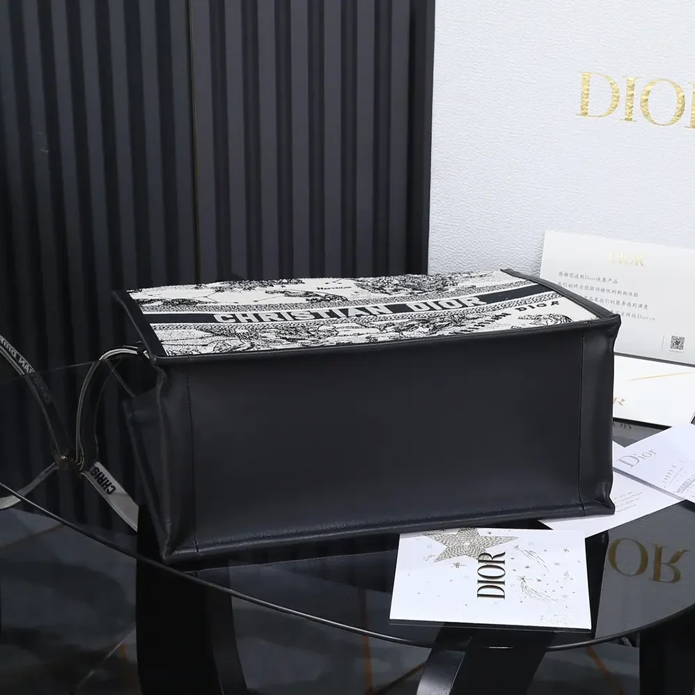 Dior Medium Dior Book Tote Latte and Black Dior Zodiac Embroidery with Black Calfskin for Women
