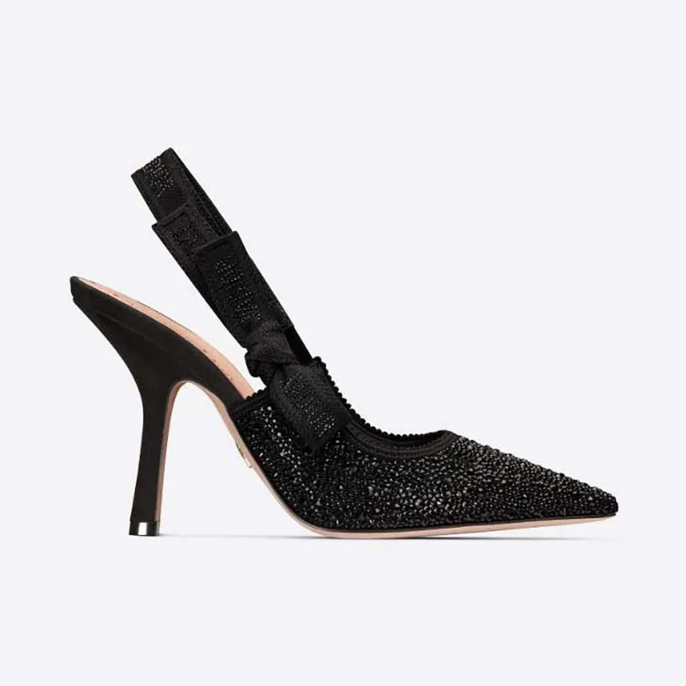 Dior J'Adior Slingback Pump Black Cotton Embroidered with Strass for Women Dior J'Adior Slingback Pump Black Cotton Embroidered with Strass for Women