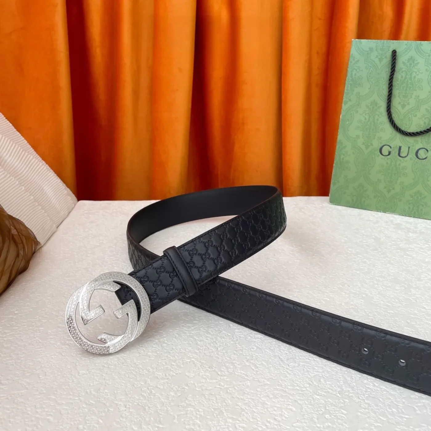 Gucci Monogram Belt Black With Silver Crystal Buckle Gucci Monogram Belt Black With Silver Crystal Buckle