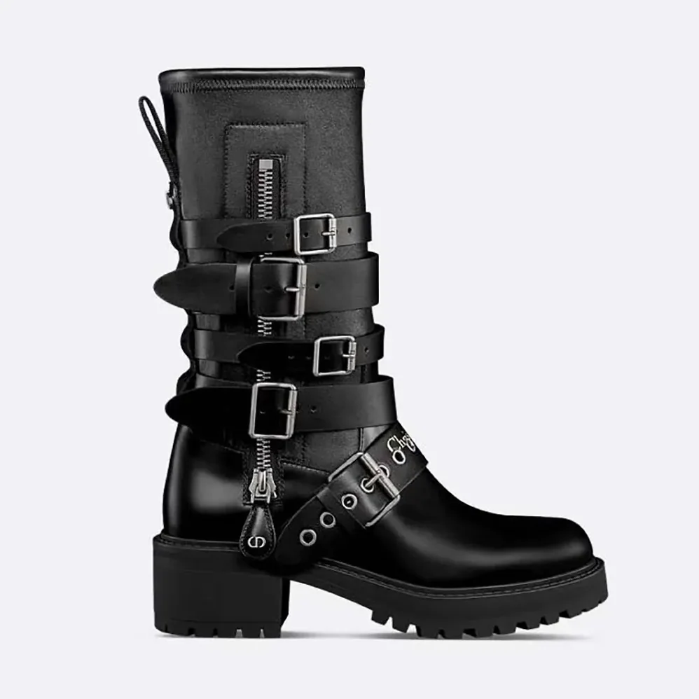 Dior D-Fight Ankle Boot Black Calfskin and Leather for Women in Effect Stretch Material Dior D-Fight Ankle Boot Black Calfskin and Leather for Women in Effect Stretch Material