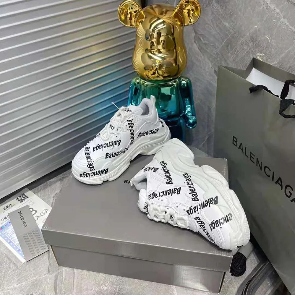 Balenciaga Triple S Logotype Sneaker in White and Black Technical Material for Women