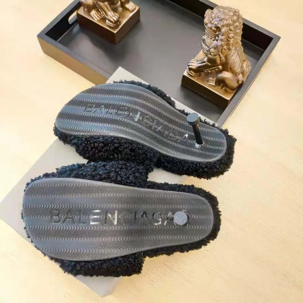 Balenciaga Furry 80mm Sandal in Black Fake Shearling for Women Balenciaga Furry 80mm Sandal in Black Fake Shearling for Women
