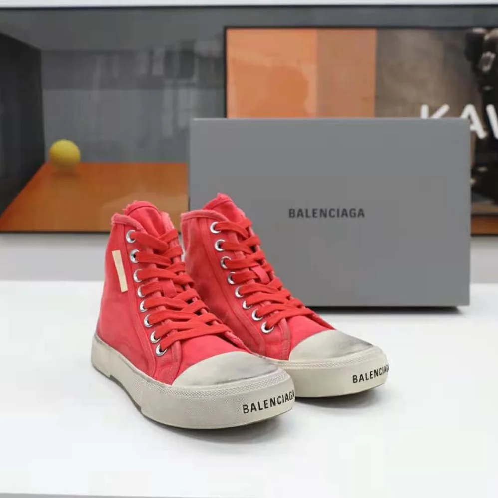 Balenciaga Paris High Top Sneaker in Red Destroyed Cotton and White Rubber for Unisex Balenciaga Paris High Top Sneaker in Red Destroyed Cotton and White Rubber for Unisex