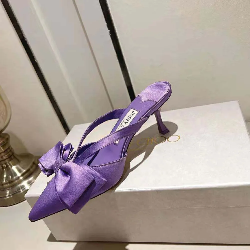 Jimmy Choo Flaca Mule 50 Wisteria Satin Mules with Bow for Women