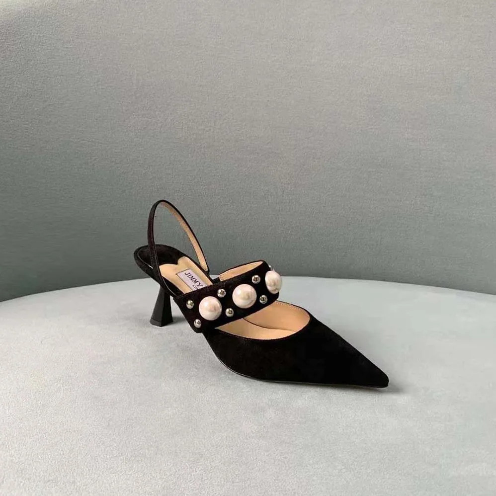 Jimmy Choo Breslin 100 Black Suede Slingbacks with Pearl and Stud Embellishment for Women