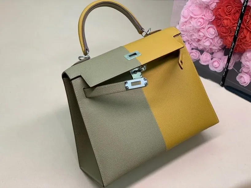 Hermes Kelly 28 Sellier Epsom Bag Grey in Yellow Hermes Kelly 28 Sellier Epsom Bag Grey in Yellow
