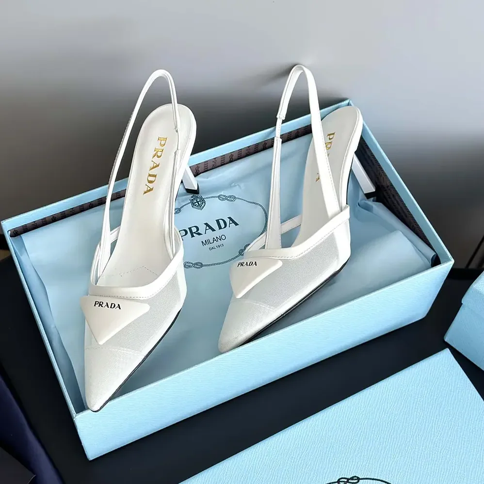 Prada Mesh Fabric Slingback Pumps for Women in White Prada Mesh Fabric Slingback Pumps for Women in White