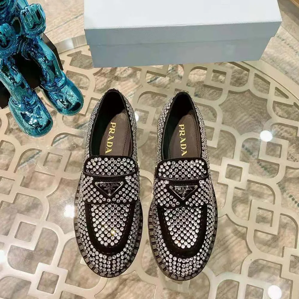 Prada Chocolate Satin Loafers with Crystals for Women in Silver Prada Chocolate Satin Loafers with Crystals for Women in Silver