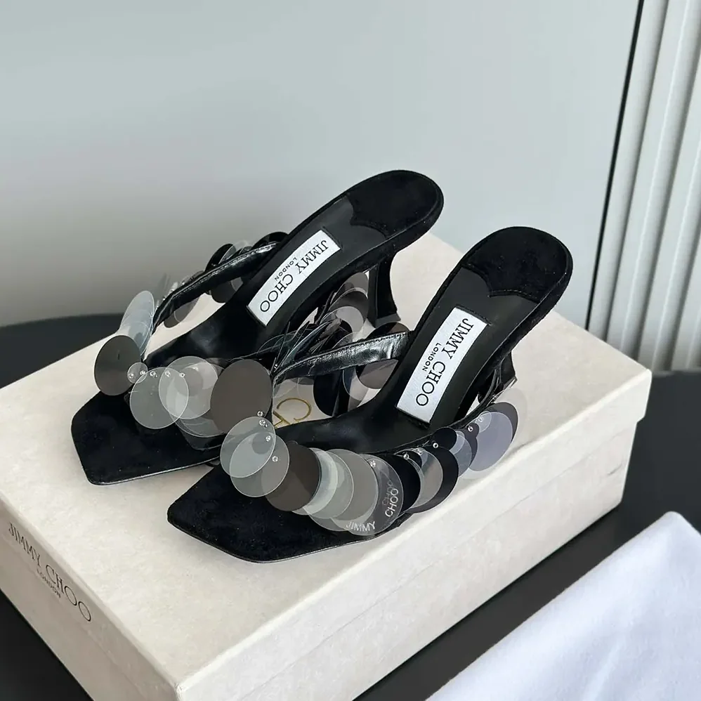 Jimmy Choo Freja 70 Black Suede Paillette Sandals for Women