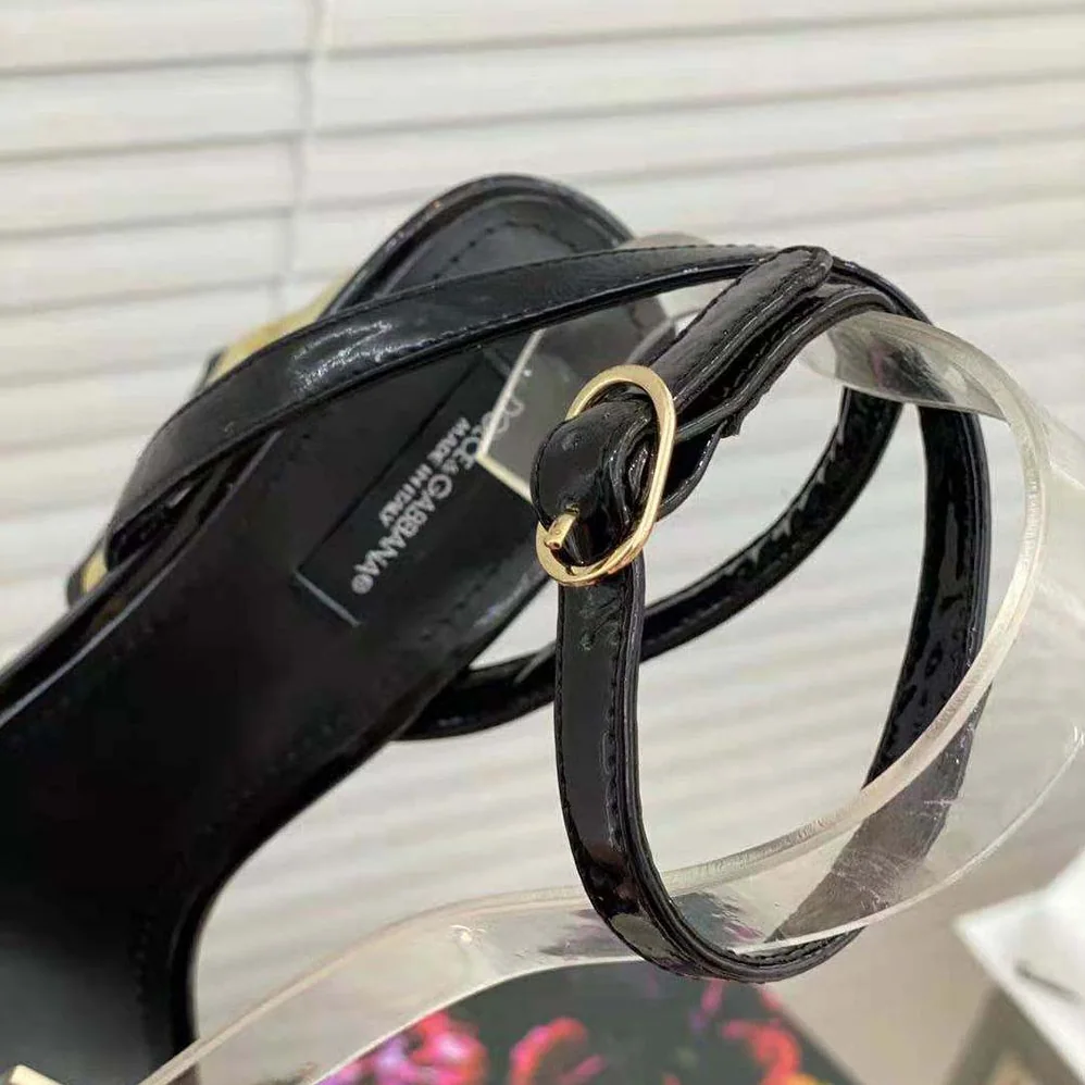 Dolce Gabbana D&G Patent Leather Sandals with 3.5 Heel for Women in Black Dolce Gabbana D&G Patent Leather Sandals with 3.5 Heel for Women in Black