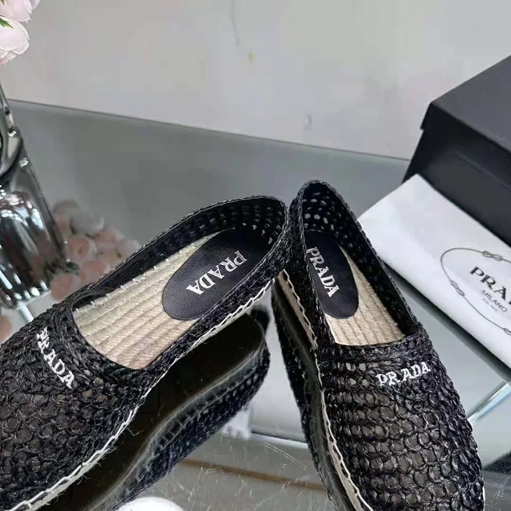 Prada Crochet Espadrilles with Embroidered Logo for Women in Black Prada Crochet Espadrilles with Embroidered Logo for Women in Black