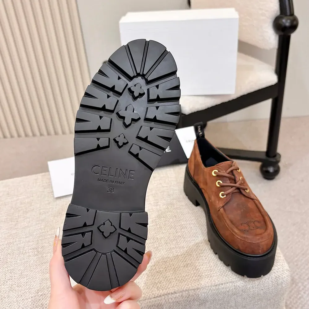 Celine Triomphe Derbies in Waxed Suede Calfskin for Women in Brown