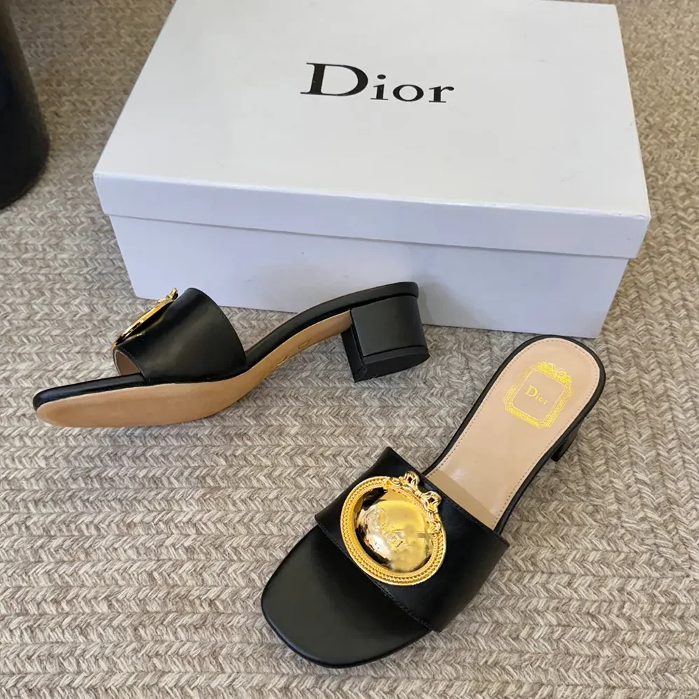 Dior Médaillon Buckle Heeled Slide Black Lambskin for Women Dior Médaillon Buckle Heeled Slide Black Lambskin for Women