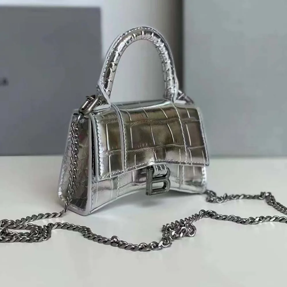 Balenciaga Hourglass Mini Top Handle Bag in Silver Crocodile Embossed Calfskin for Women