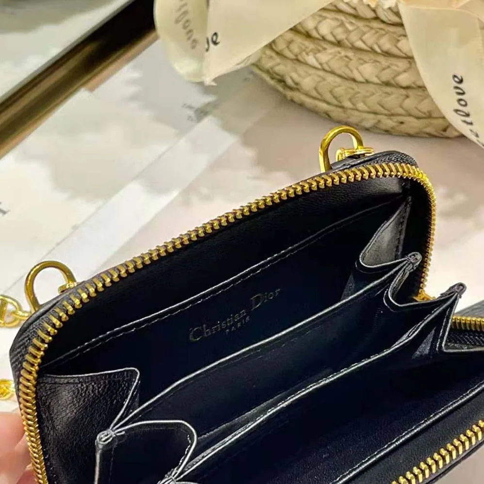 Dior Caro Detachable Card Holder Black Supple Cannage Calfskin for Women