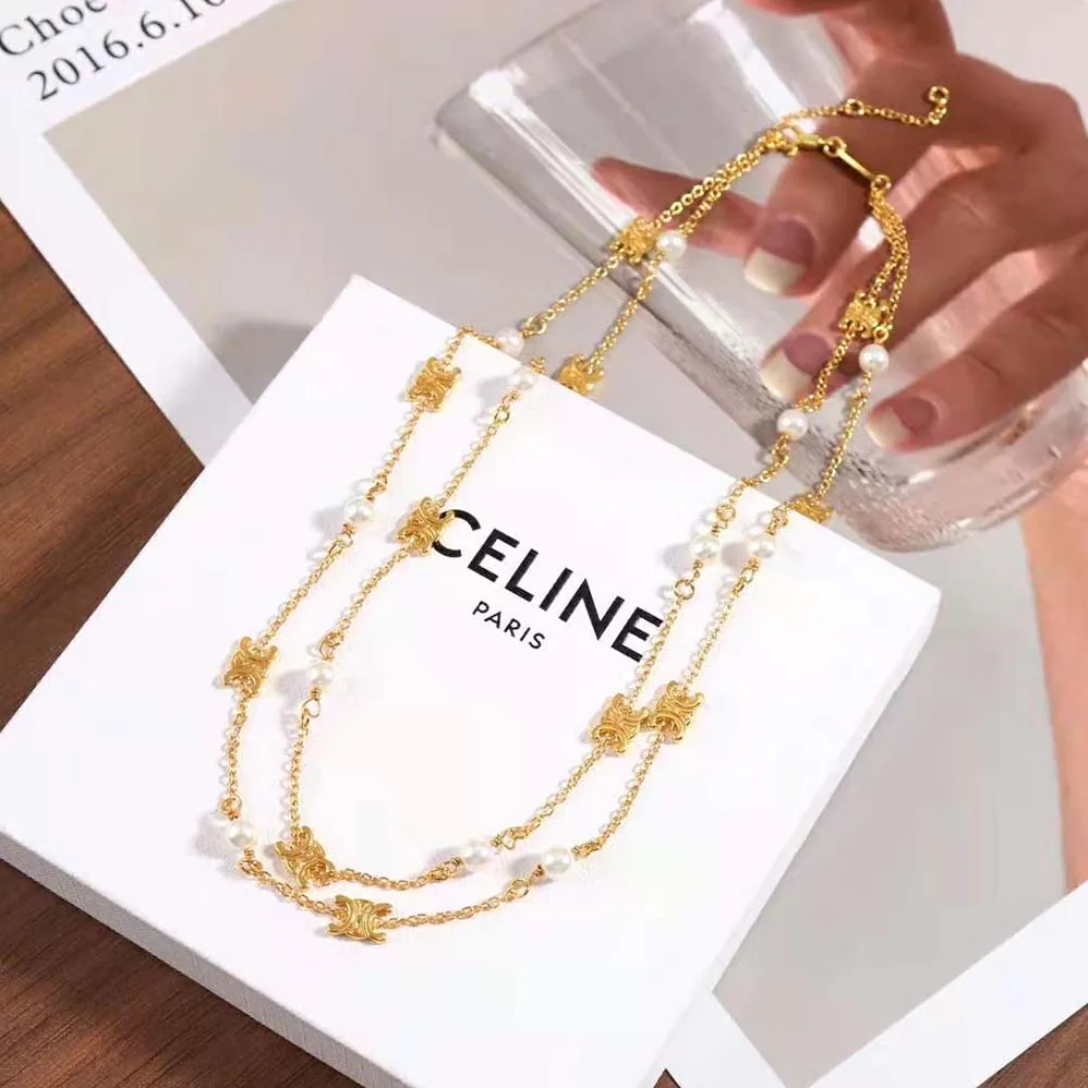Celine Triomphe Pearl Double Necklace in Brass with Gold Finish and Resin Pearls for Women