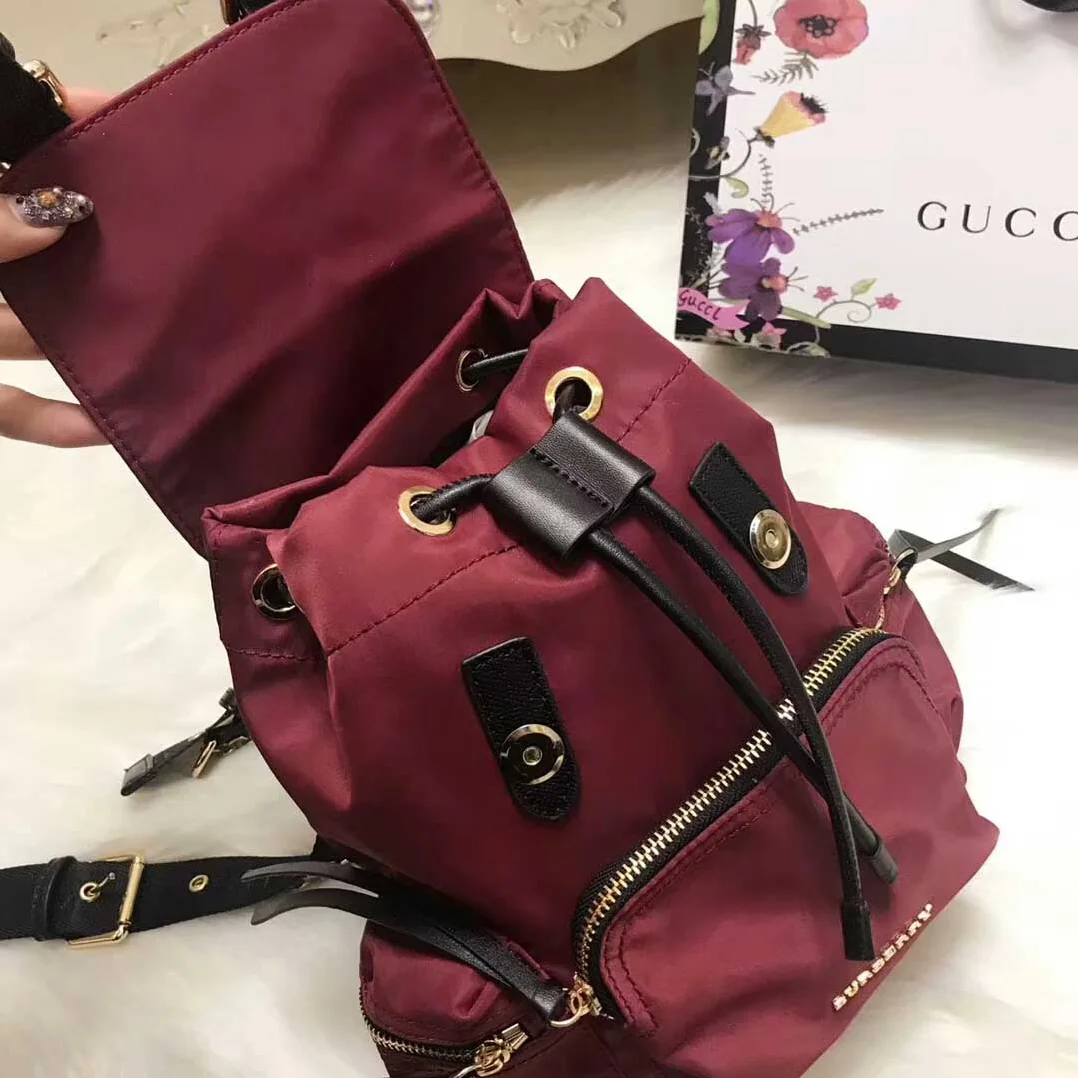 Burberry Medium Rucksack in Technical Nylon and Leather in Maroon