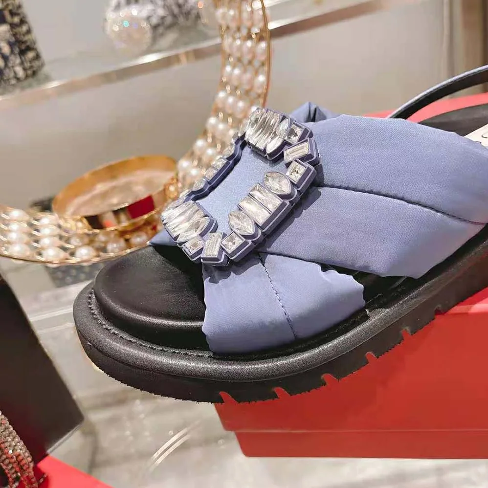 Roger Vivier Viv Winter Puffy Strass Buckle Sandals in Satin for Women in Navy Roger Vivier Viv Winter Puffy Strass Buckle Sandals in Satin for Women in Navy