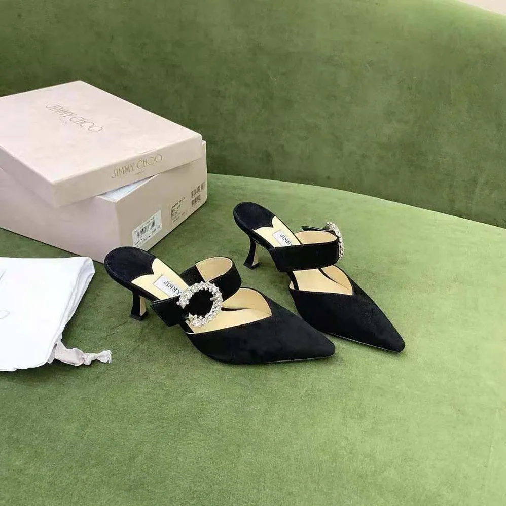 Jimmy Choo Marta 70 Black Suede Mules with Crystal Buckle for Women Jimmy Choo Marta 70 Black Suede Mules with Crystal Buckle for Women