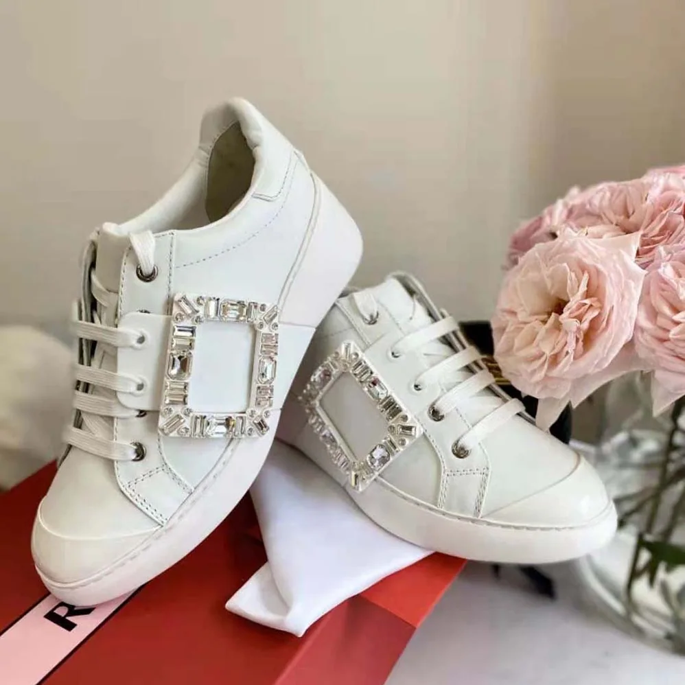 Roger Vivier Viv Skate Strass Buckle Sneakers in Soft Leather for Women in White