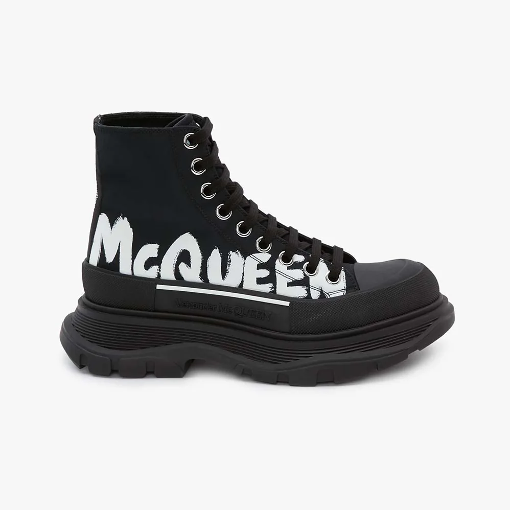 Alexander Mcqueen Tread Slick Boot Black/White Polyfaille Lace for Women in up Boot