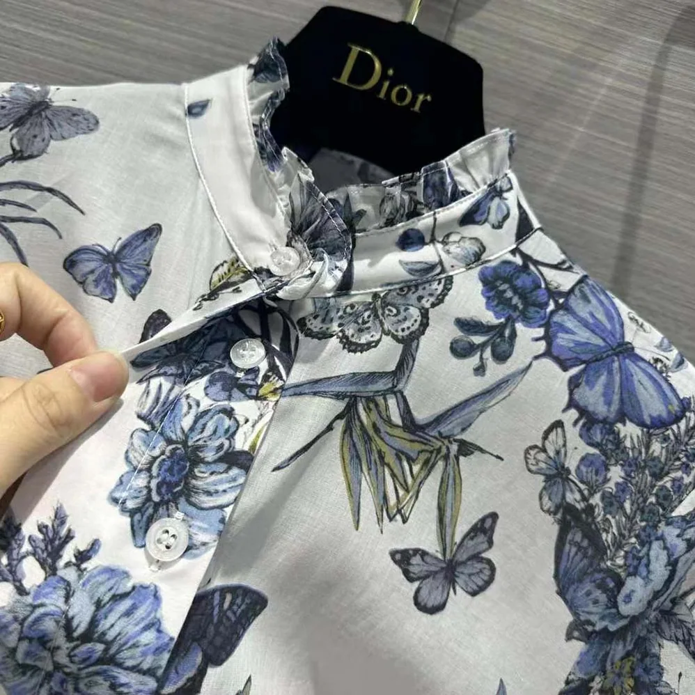Dior Mid-length Shirt Dress White and Pastel Midnight Blue Cotton Voile for Women Dior Mid-length Shirt Dress White and Pastel Midnight Blue Cotton Voile for Women