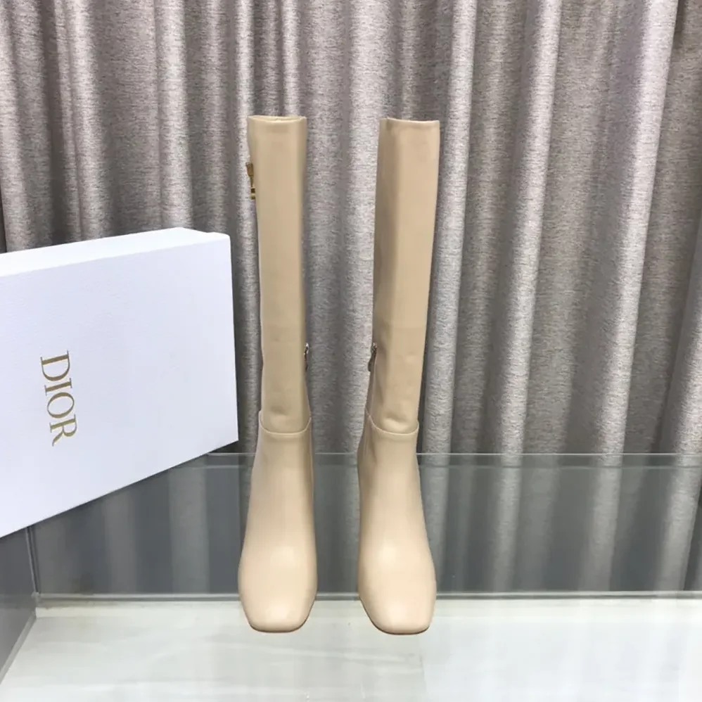 Dior Logo Knee-High Boot In Light Beige Calfskin with Gold for Women in Tone Accents Dior Logo Knee-High Boot In Light Beige Calfskin with Gold for Women in Tone Accents