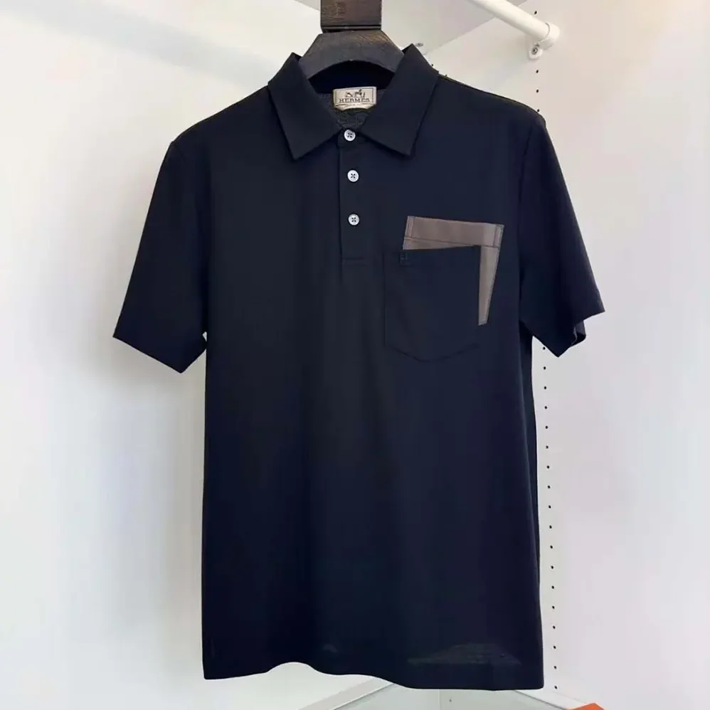 Hermes Polo Shirt with Pocket for Men in Navy/Brown