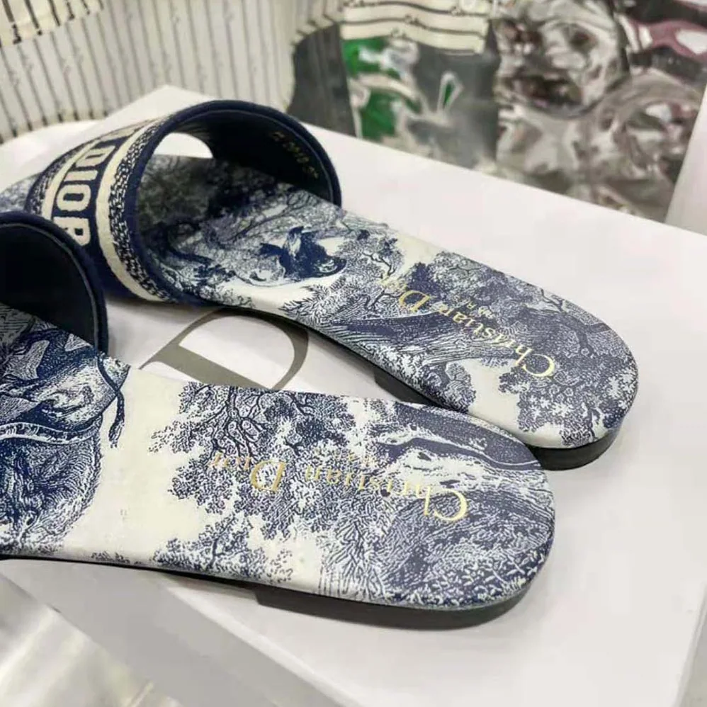 Dior Dway Slide Blue Cotton Embroidery for Women
