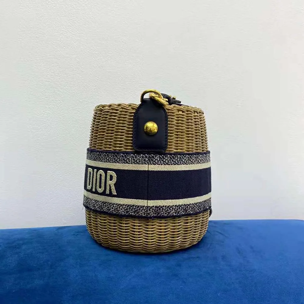 Dior Dior Wicker Bucket Bag Blue Dior Oblique Jacquard and Natural Wicker for Women Dior Dior Wicker Bucket Bag Blue Dior Oblique Jacquard and Natural Wicker for Women