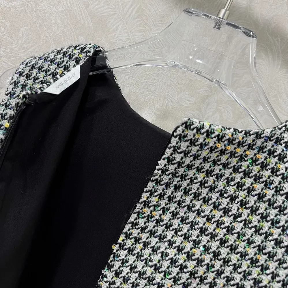 Dior Straight Dress Black and White Houndstooth Virgin Wool Blend with Multicolor Sequins for Women