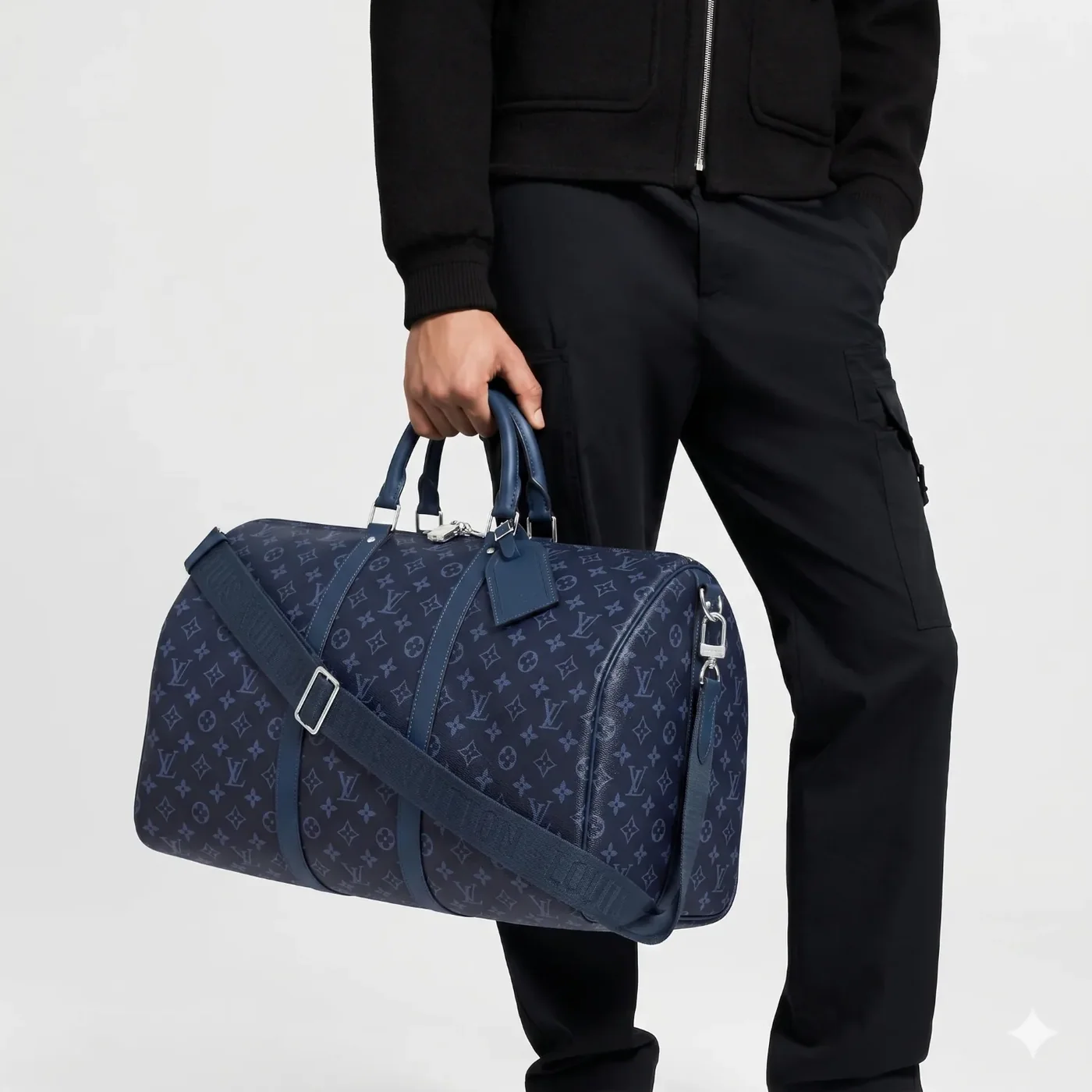 Louis Vuitton Keepall Bandouliere 55 Travel Bag in Navy Blue Silver Hardware