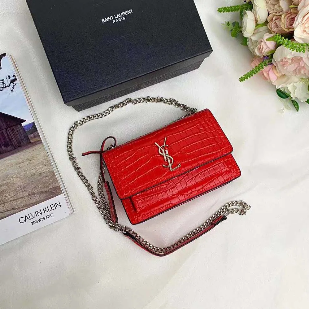 Saint Laurent YSL Sunset Medium Crocodile Embossed Shiny for Women in Red