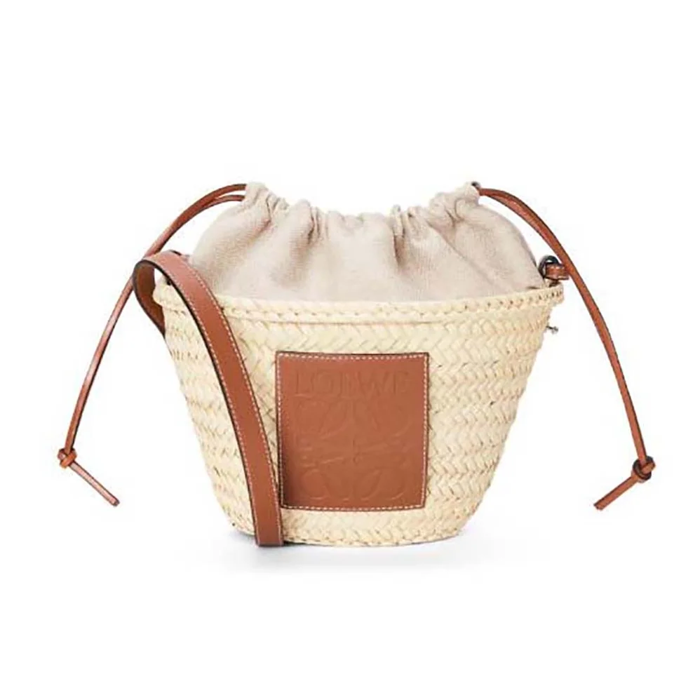 Loewe Drawstring Bucket Bag in Palm Leaf and Calfskin for Women in Brown Loewe Drawstring Bucket Bag in Palm Leaf and Calfskin for Women in Brown