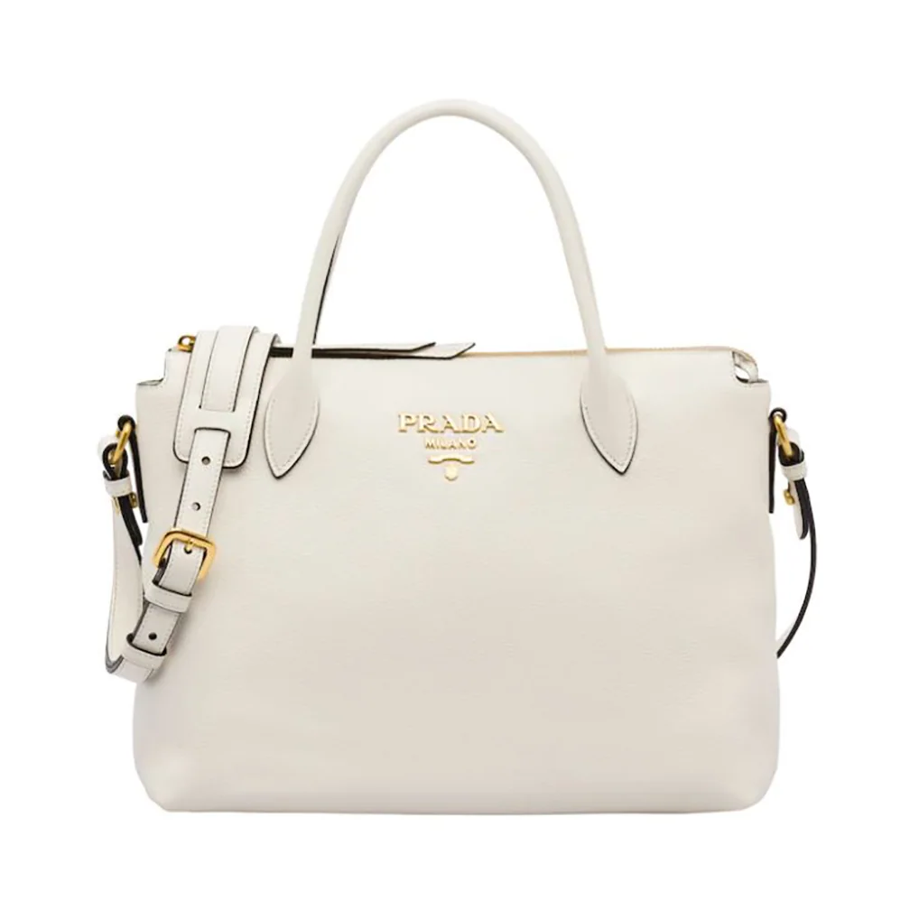 Prada Leather Handbag with Metal lettering Logo on the Front for Women in White
