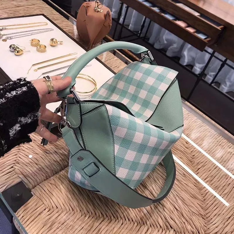 Loewe Puzzle Gingham Bag in Calfskin for Women in Lime Loewe Puzzle Gingham Bag in Calfskin for Women in Lime