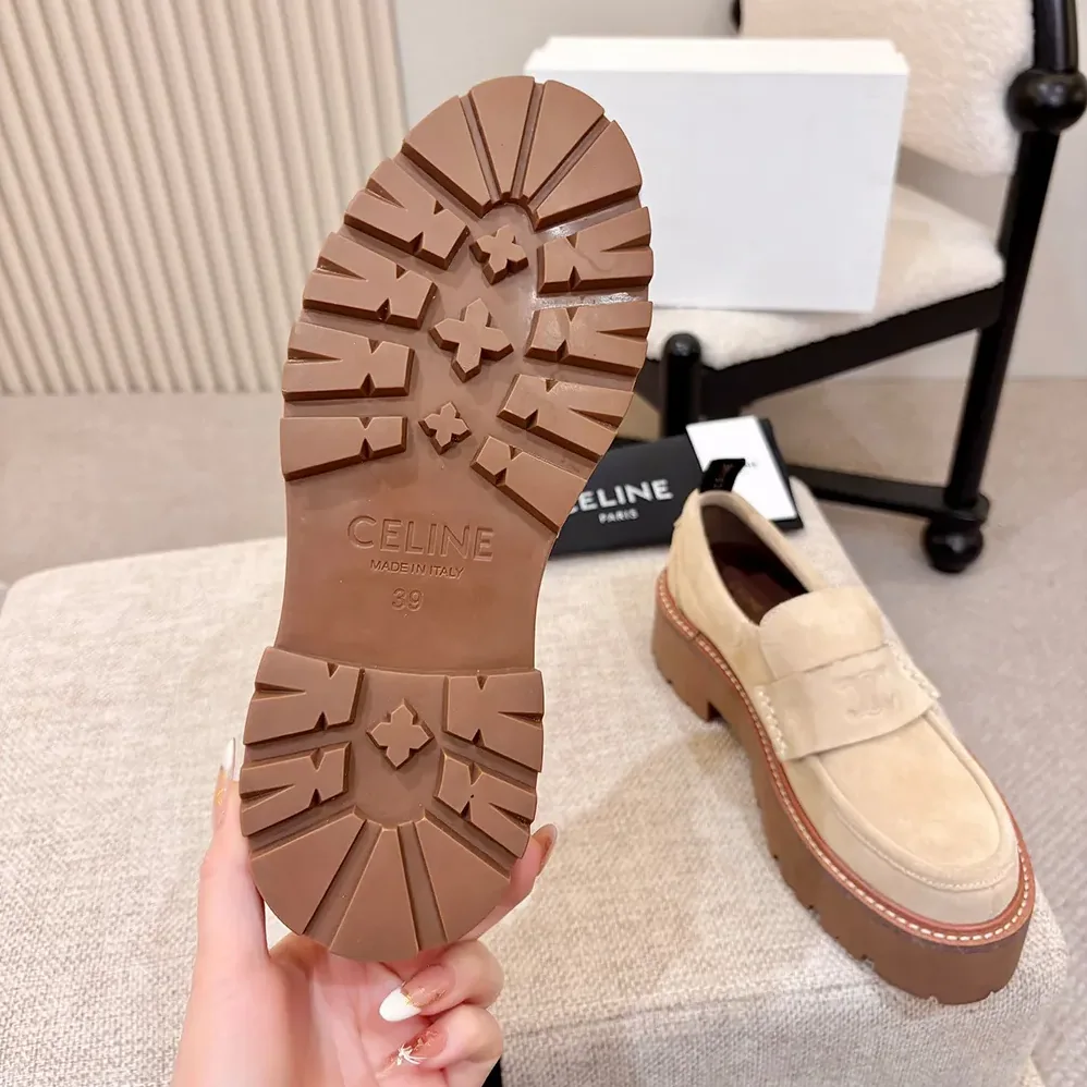 Celine Triomphe Loafers in Suede Calfskin for Women in Beige Celine Triomphe Loafers in Suede Calfskin for Women in Beige