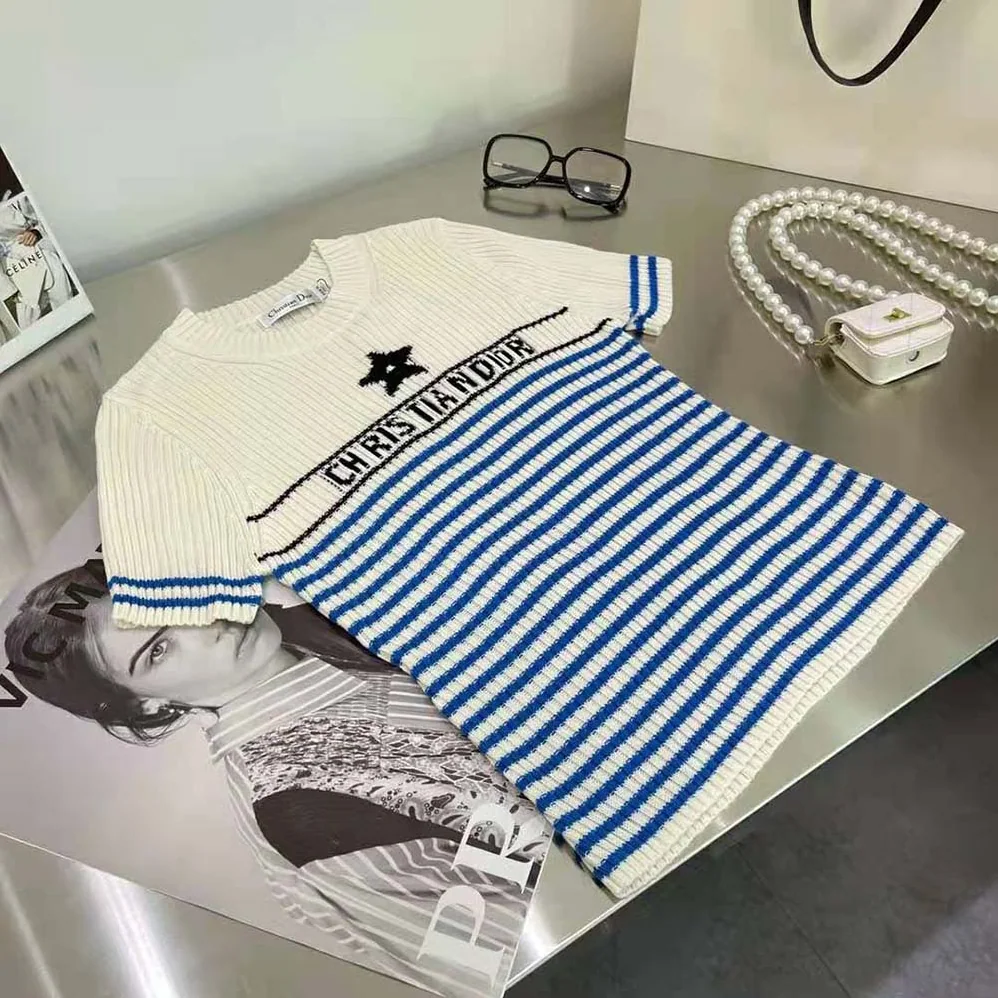 Dior Dioriviera Los Angeles Short-Sleeved Sweater Ecru and Bright Blue Cotton Knit with Signature for Women Dior Dioriviera Los Angeles Short-Sleeved Sweater Ecru and Bright Blue Cotton Knit with Signature for Women