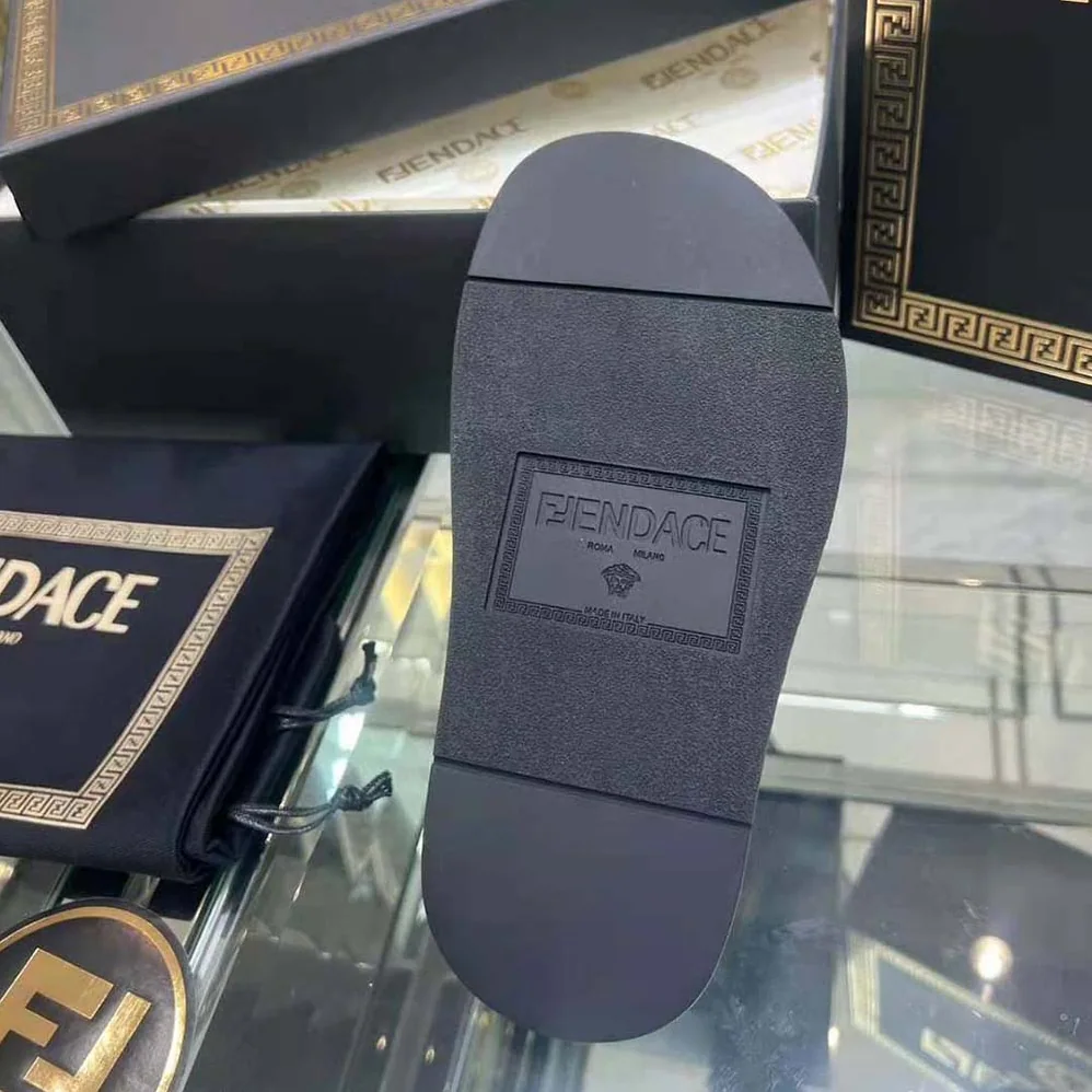 Versace Fendace Logo Metal Mesh Sliders for Unisex in Black Versace Fendace Logo Metal Mesh Sliders for Unisex in Black